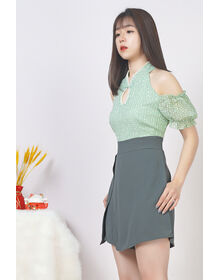 Fine Pearl Details Cold Shoulder Overlay Cheongsam Playsuit (Green + Grey Green)